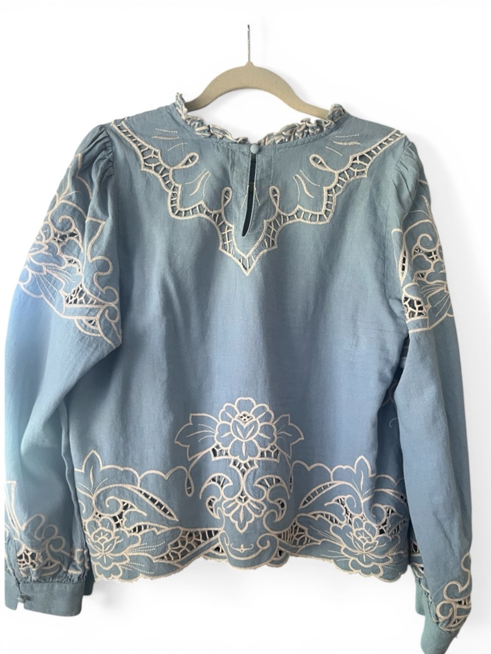 Anthro Embroidered Blue and Cream Cutwork Blouse - Linen and Cotton- size L - Picture 3 of 8